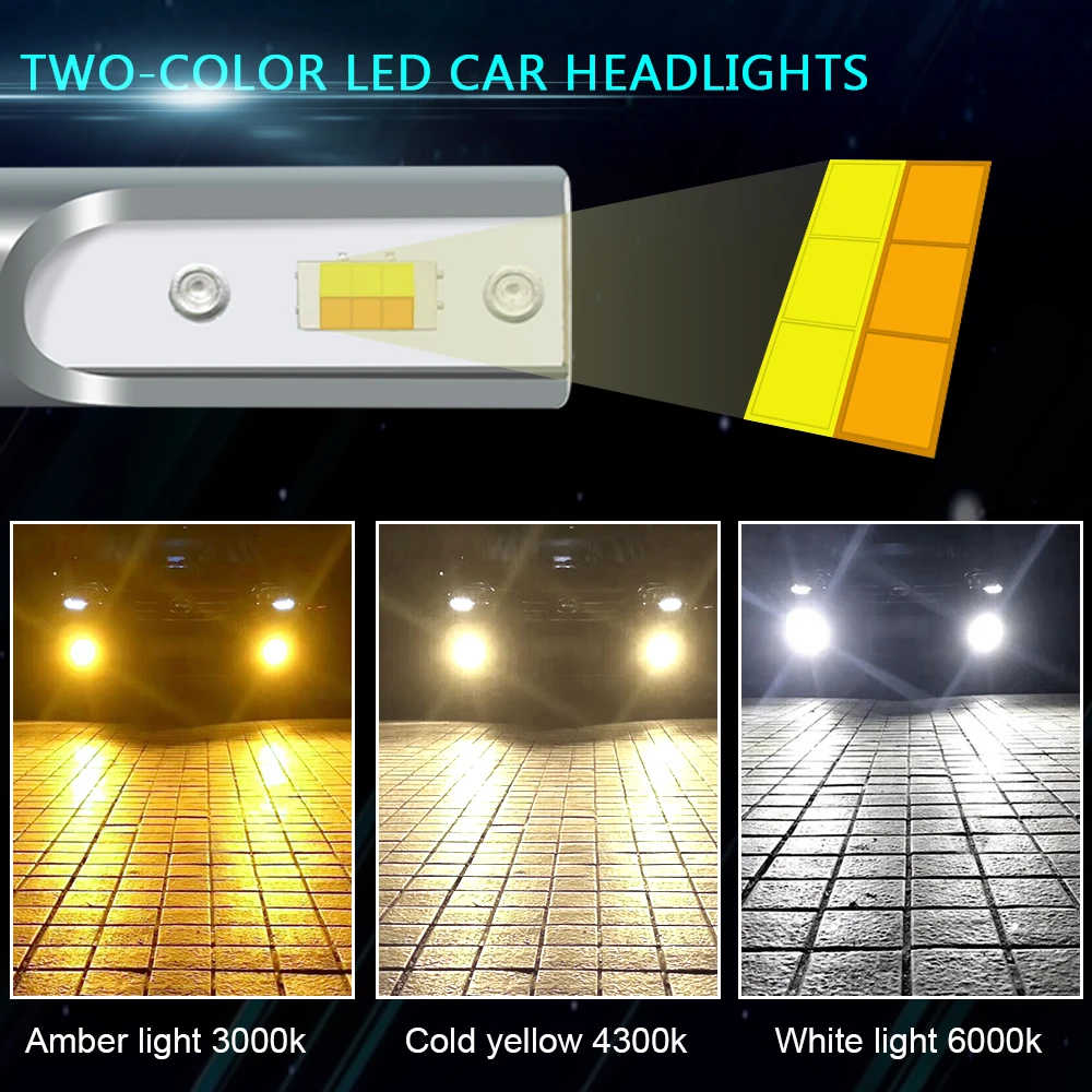 2x 3 Colors 100W LED Car led Headlight fog light bulb 10000LM Auto LED H4 H1 H3 H7 H8 H9 H11 9005 HB3 9006 9012 HB4 3000K 6000K