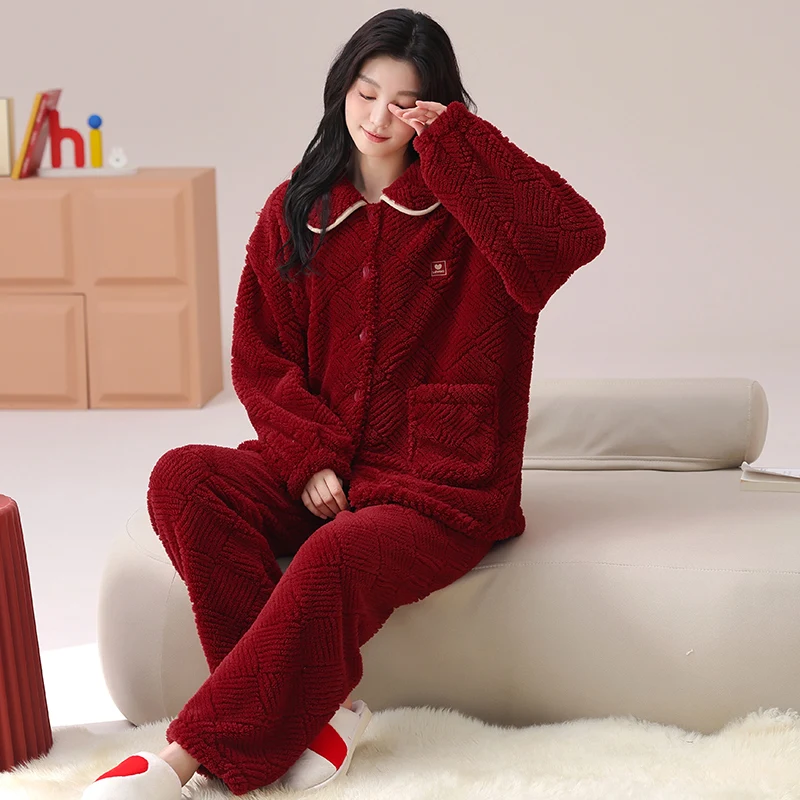 MiiOW Winter Flannel Women Pajamas Set Thicken Warm Ladies Loungewear Female Coral Fleece Sleepwear Red Plush Women's Homewear