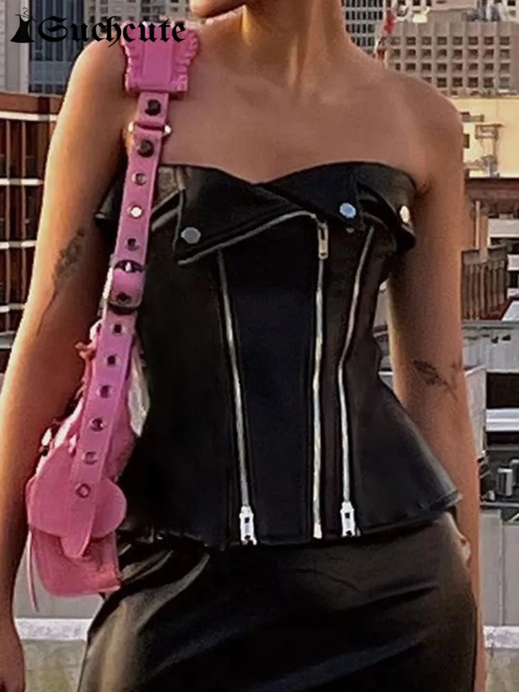 SUCHCUTE Punk Style Zip Up Corset Tops Black Leather PU Gothic Buttons Sleeveless Tube Tank Top Racing Moto & Biker Camis 2022