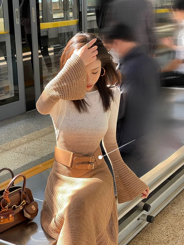 ZQ Gradient Color Knitted Dress Women's Slim Fit Midi Length Sweater Dress Long Sleeve One Shoulder Commute Style Cotton Blend