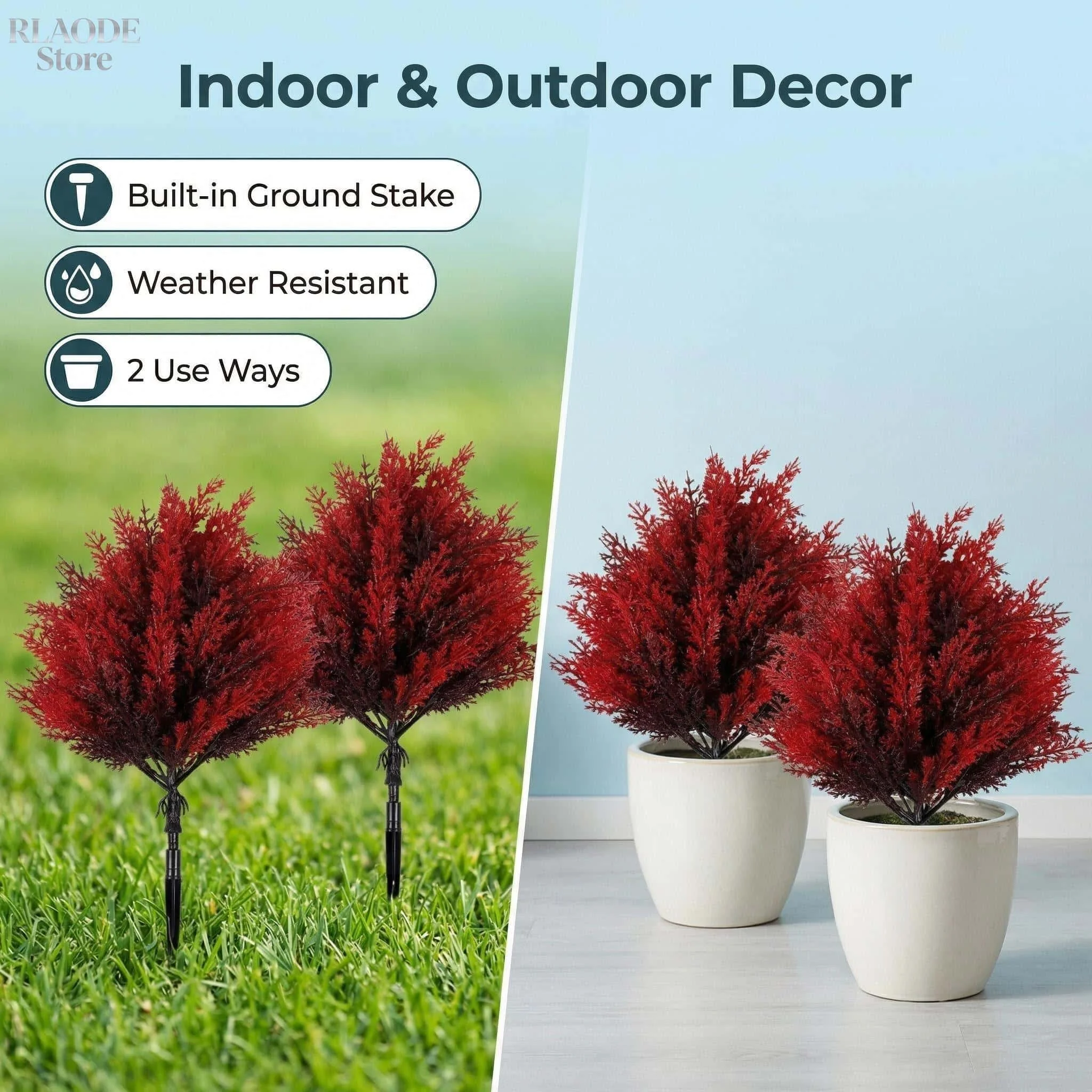 2 Piezas de Plantas Artificiales de Pino, Ciprés y Helecho con Estaca para el Suelo, Follaje Artificial Rojo y Verde para Decoración de Jardín, Patio y Exteriores