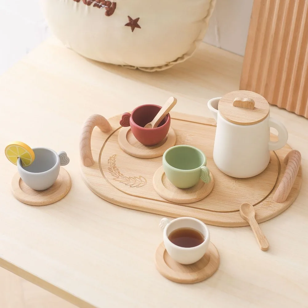 Funny Silicone Afternoon Tea Set Wooden Role Play Game Tea Party Set Mini Kitchen Utensils Kids Gifts