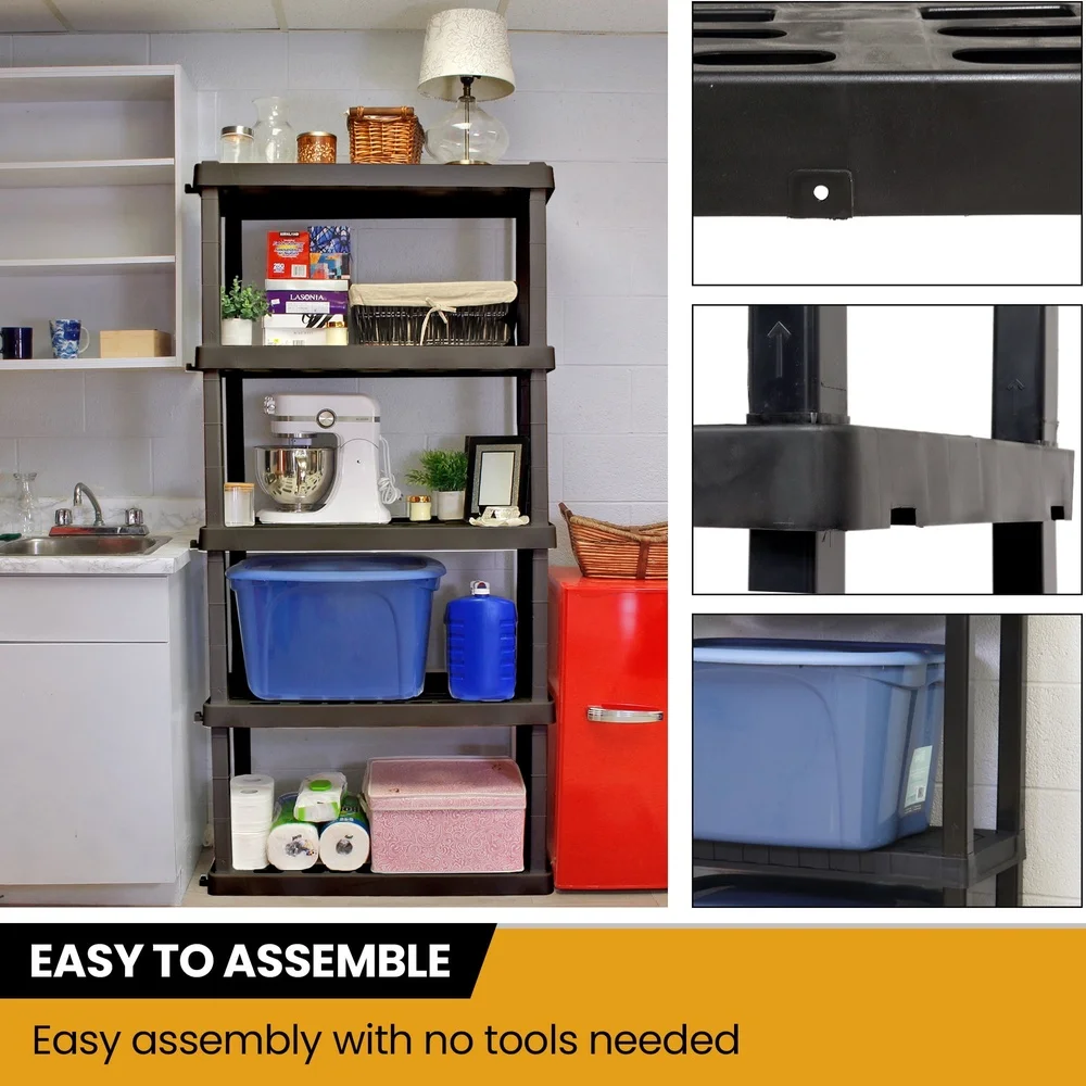 5-Tier Heavy Duty Plastic Shelving Unit Tool-Free Assembly Garage Storage Rack 750 lb Total Capacity Interlocking Design