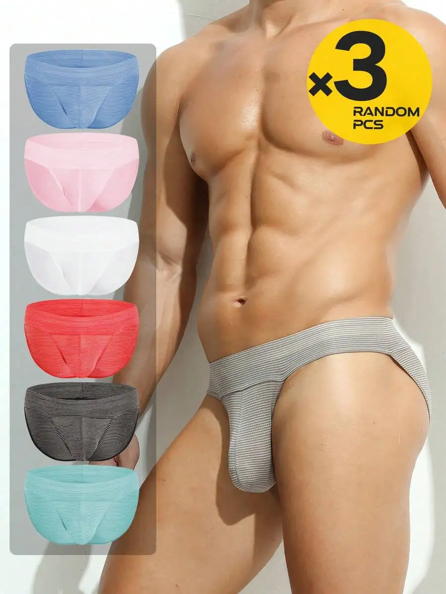 Mens Striped Triangle Briefs 3-Pack Breathable Elastic Low-Rise Underwear