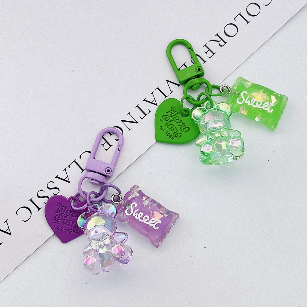 Cartoon Bling Transparent Bear Pendant Keychains With Metal Heart Tag Sweet Charms Keyrings Bag Ornament Car Trinket Accessories