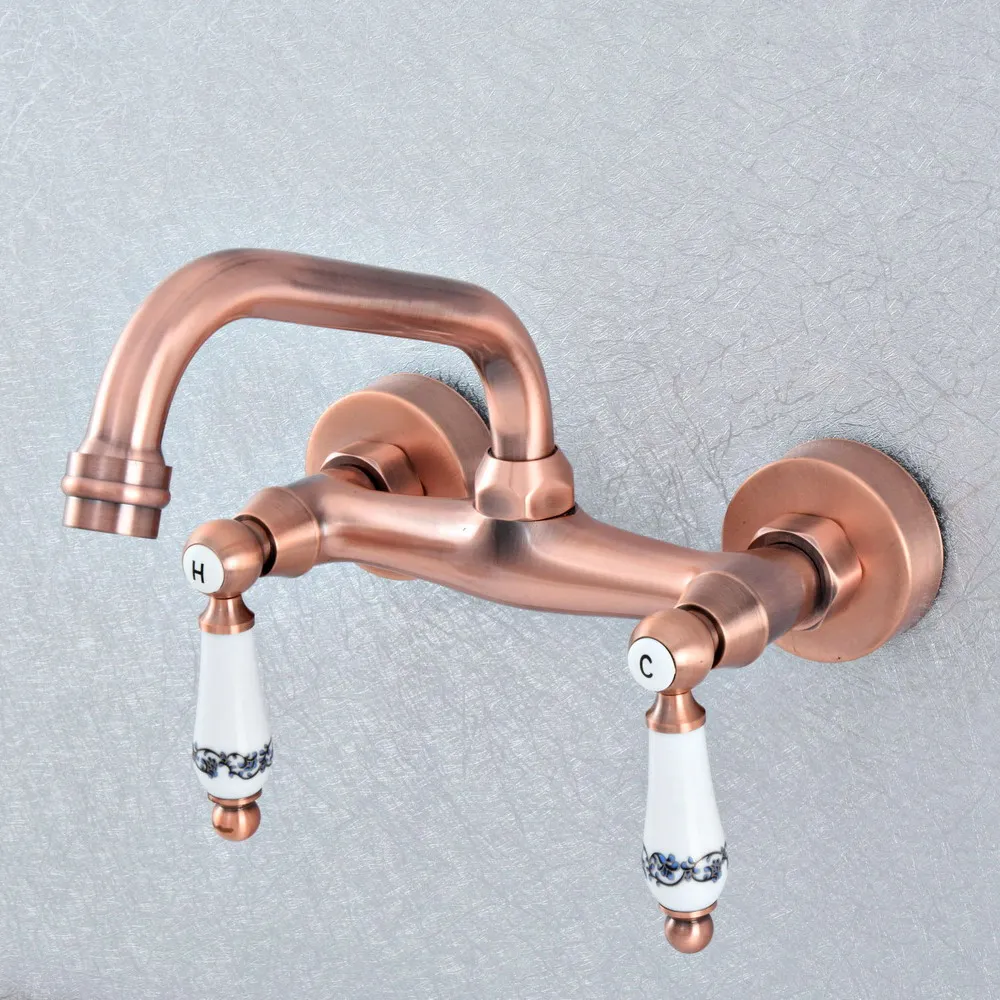 

Antique Red Copper Brass Two Ceramic Handles Wall Mounted Kitchen Bathroom Swivel Spout Faucet Mixer Tap asf906