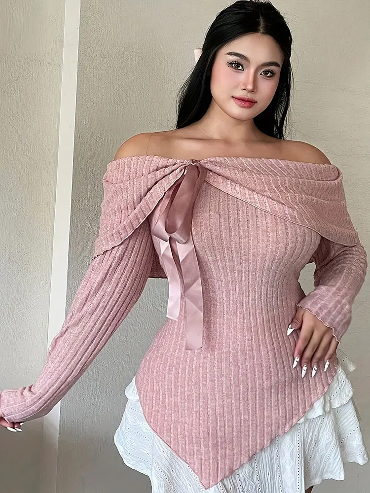 

Новый сексуальный свитер с открытыми плечами и завязками спереди, большие размеры, облегающий топ на одно плечо, модная универсальная осенняя женская одежда, распродажа