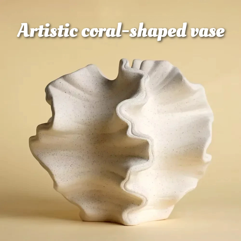 

Nordic Ceramic Vase Geometric Wavy Petal Shape Matte Texture Case for Hydroponics & Dry Flower Arrangement Home Desk Decor Gift