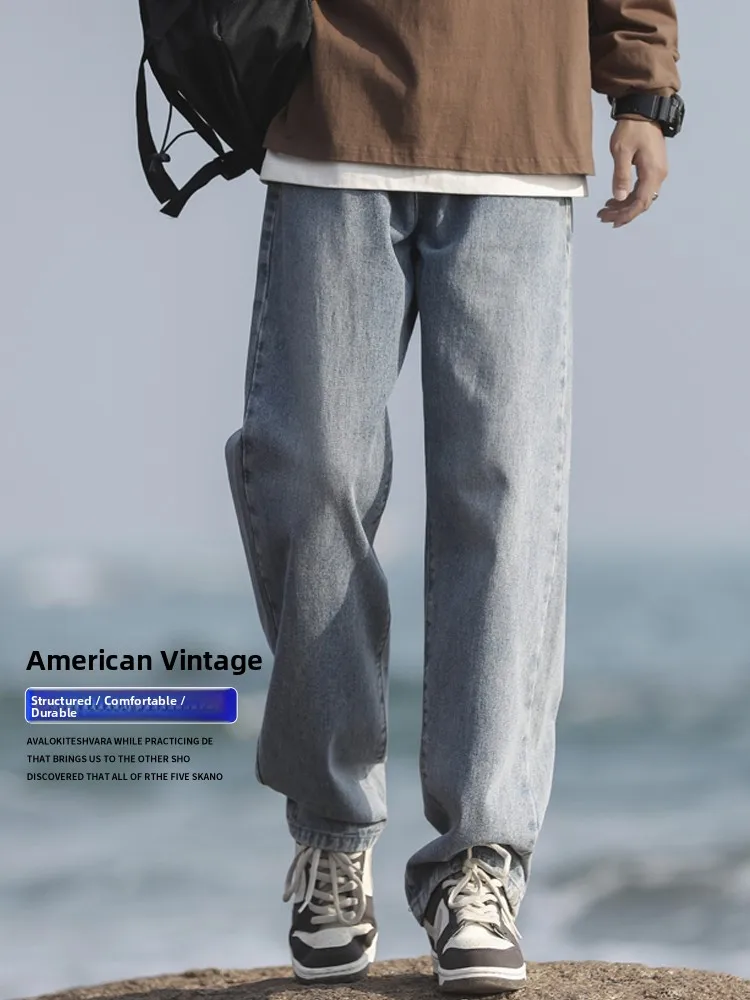 

Светло-голубые мужские джинсы прямого кроя, свободные, в американском ретро-стиле, весна-осень, широкие брюки, молодежные, модные, из смесового хлопка и полиэстера