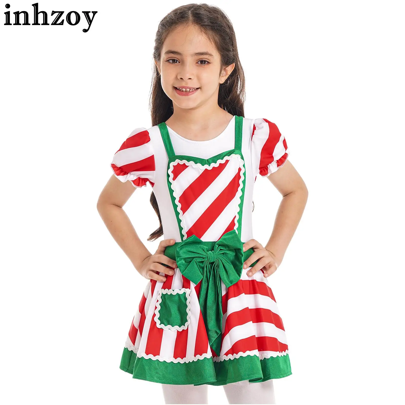 Kids Girls Figure Skating Baton Twirling Tutu Dress Short Sleeve Striped Patchwork Christmas Candy Cane Striped Dance Costume