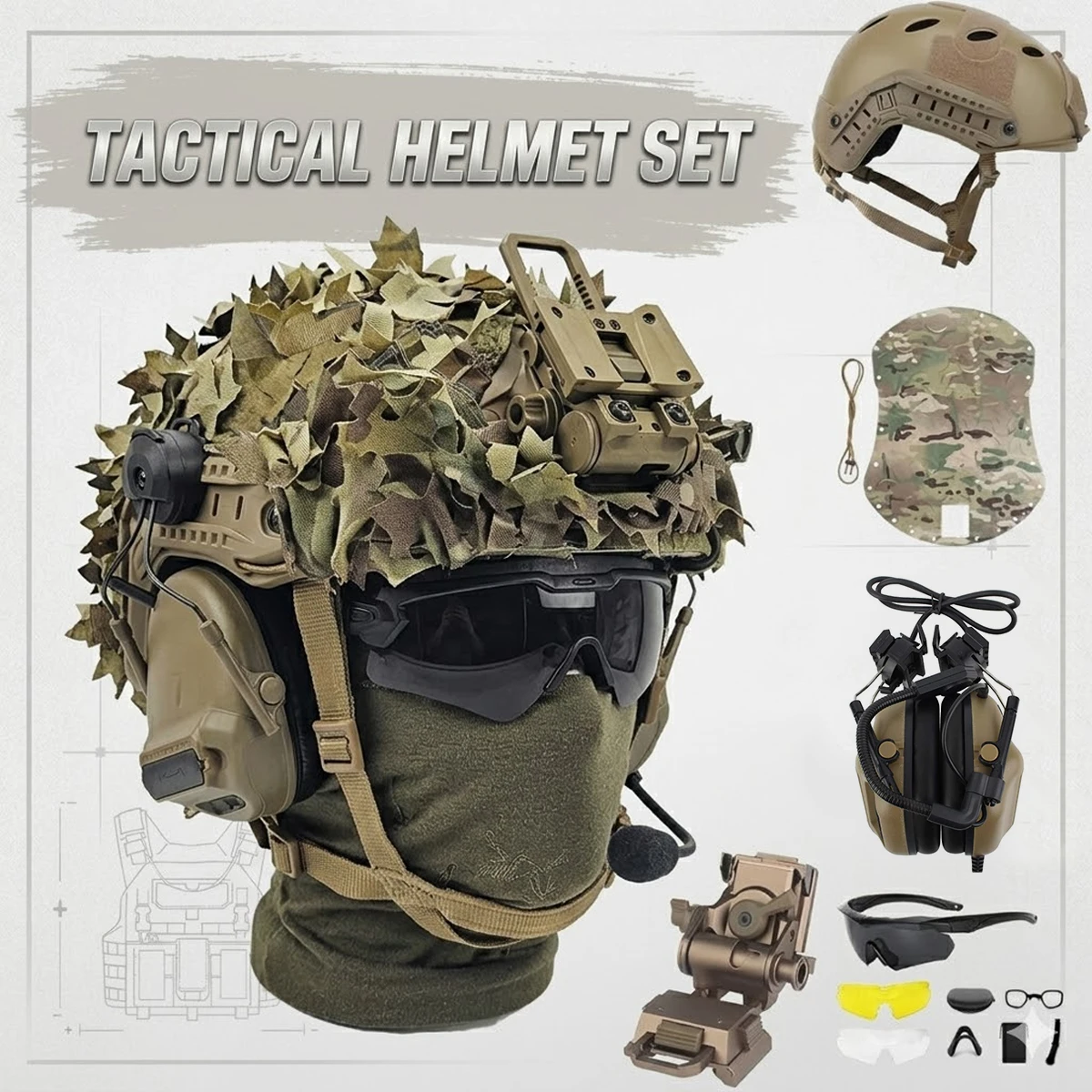 

Tactical Helmet Set with Military Communication Headset NVG Mount Camo Helmet Cover Goggles for Outdoor Hunting Airsoft Gear