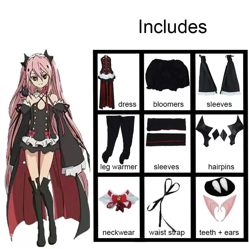 AIAI 2025Seraph Of The End Owari no Seraph Krul Tepes أزياء تنكرية لشعر مستعار أنيمي زي نسائي فستان مصاص دماء ساحرة