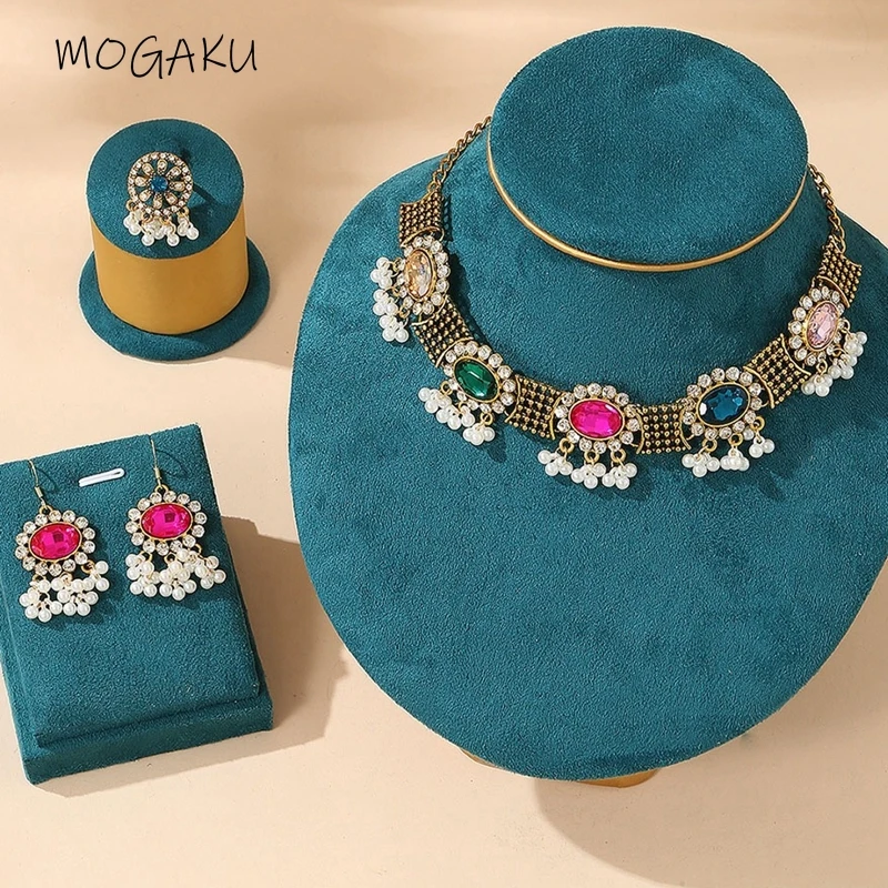 

MOGAKU Ethnic Turkish Earrings Necklaces Indian Round Bell Shape Earring Necklace Sets Bridal Party Wedding Rhinestones Jewelry