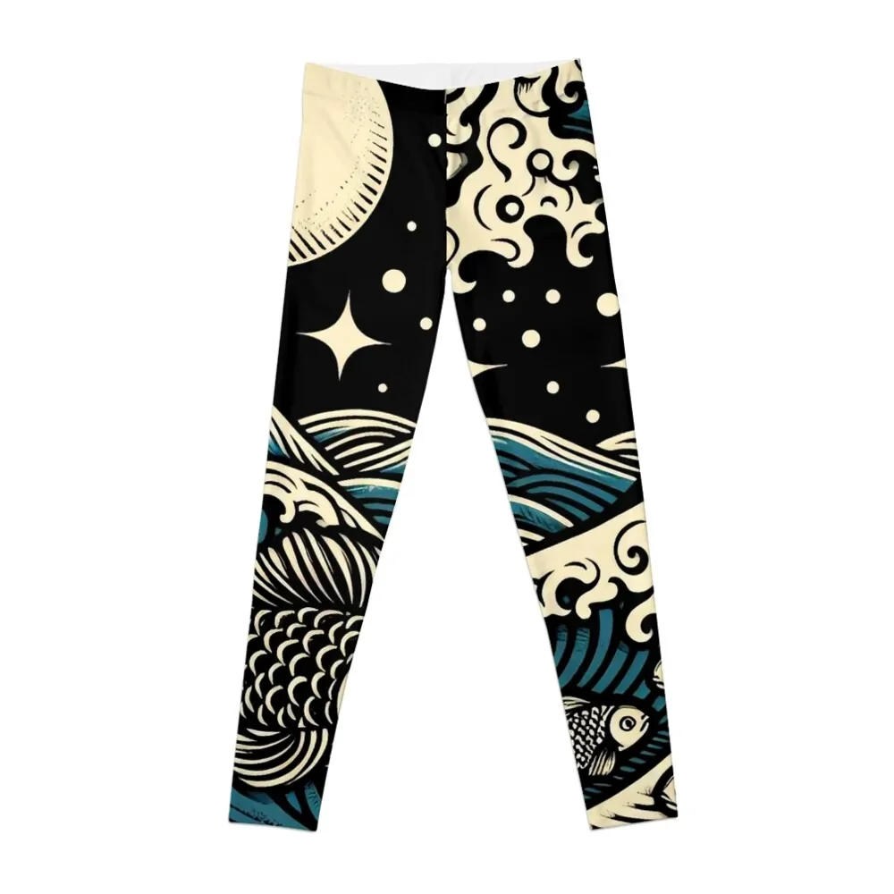 

Japanes Woodblock of Wave And Fish Leggings sportswear gym legging push up Womens Leggings
