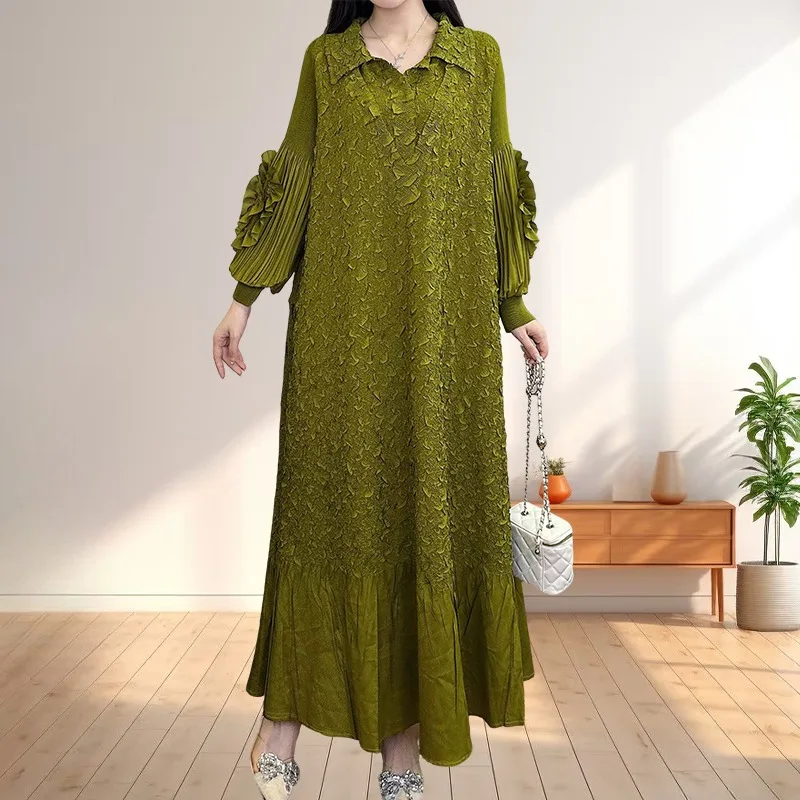 

Miyake New Heavy Embroidery Large Size Pleated Dress Women Loose Casual Temperament Elegant Long Ruffled Skirt Elastic Clothing