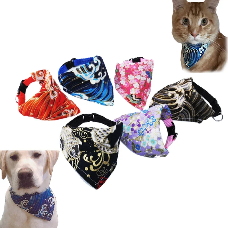 Adjustable Small Dog Cat Collar Scarf 6 Colors Print Puppy Kitten Bandana Neckerchief Pet Accessories For Dogs Cats Kedi Scarves