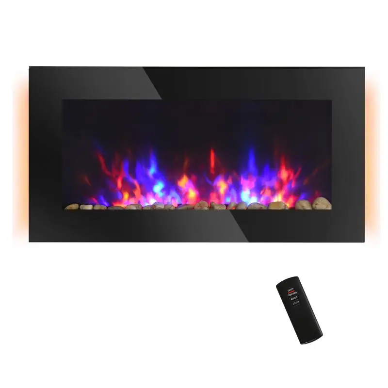 

36" Electric Wall-Mount Fireplace, 1500W, Flame Effect, 7-Color Background & Side Lights, Black Finish