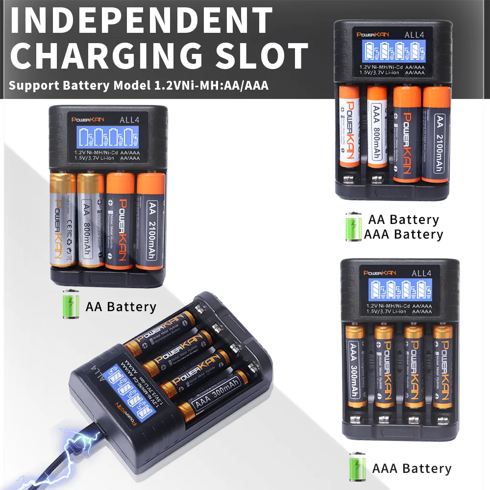 POWERKAN ALL4 AA/AAA 4-slot Small Convenient Battery Charger for 1.2V  Hi-MH& 1.5V/3.7VLi-ion With LCD Screen