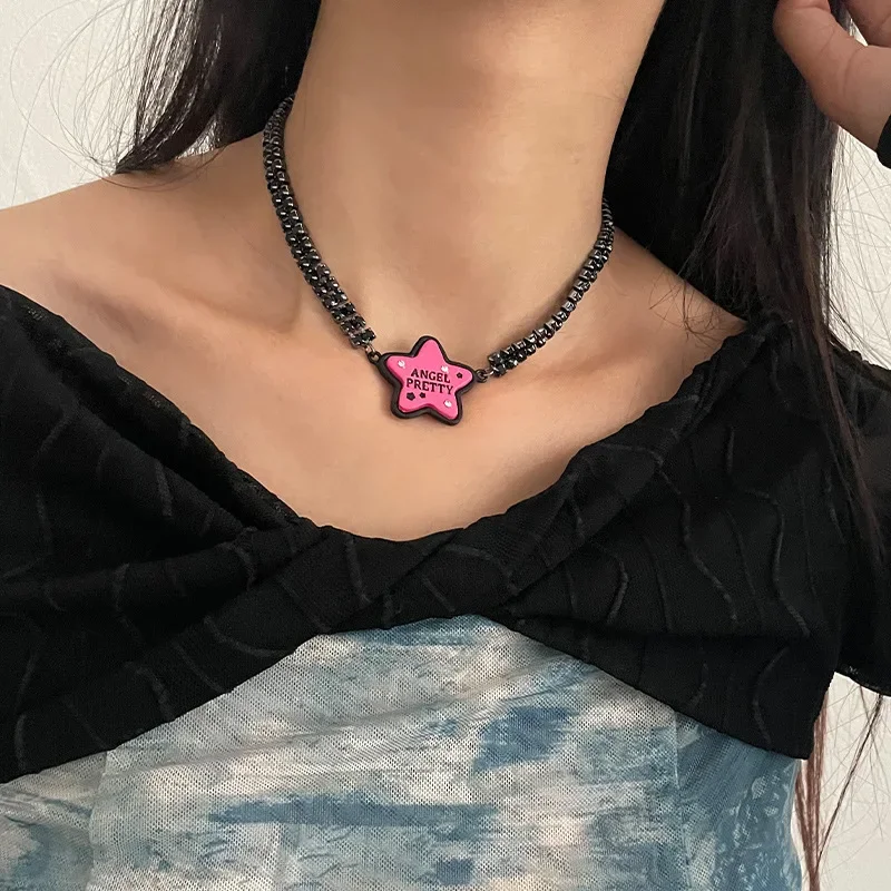 Trendy Cool Pink Star Letter Print Necklace Pendant For Women Wedding Party Fashion Punk Black Clavicle Chain Necklace Jewelry