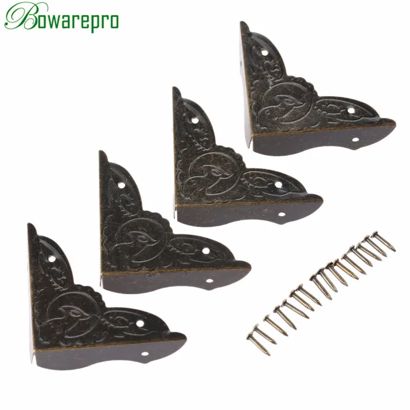 4Pcs Antique Bronze Decorative Metal Edge Corner Protector Cover 3-Sided with Nails for Table Jewelry Chest Wine Gift Wooden Box