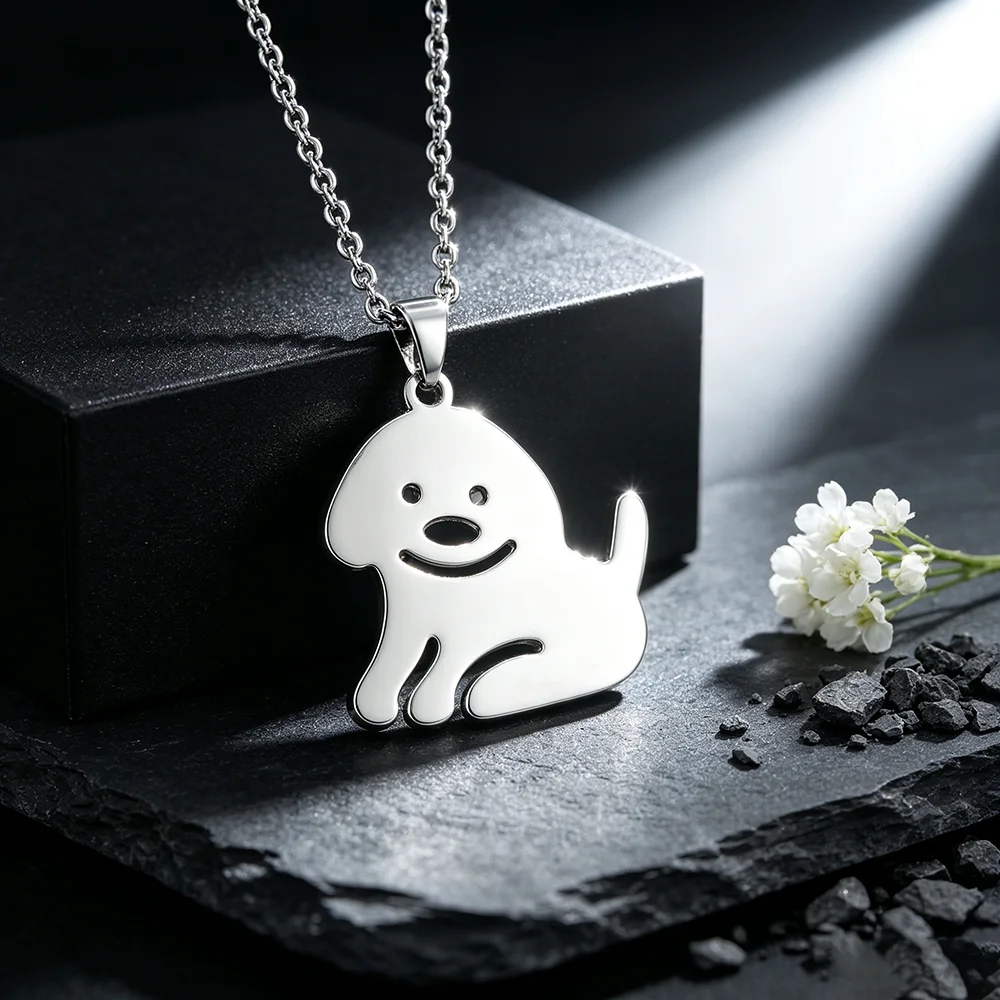 Cute Smiling Puppy Dog Pendant Necklace, Stainless Steel Hollow Cut Dog Charm Necklace, Minimalist Pet Lover Statement Jewelry