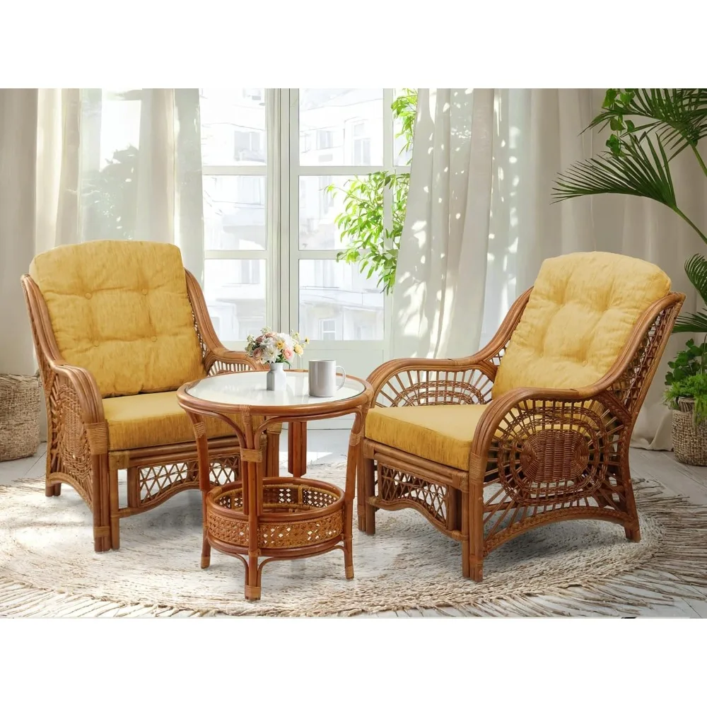 

Malibu Living Set of 2 Chairs Natural Rattan Wicker Handmade with Light Brown Cushions and Round Coffee Table w/Glass, Colonial