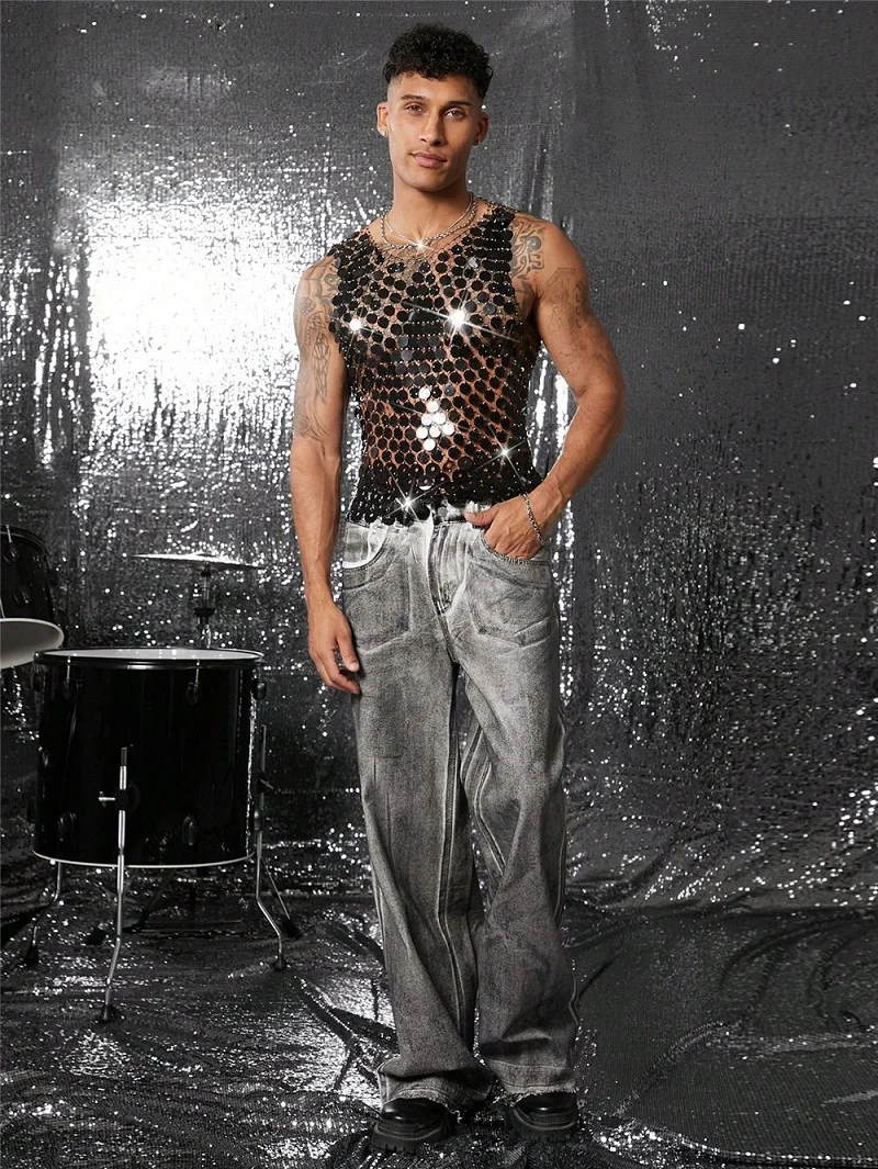 Men's Sparkling Mirror Sequin See Though Sheer Mesh T-shirt Muscle Tank Top Nightclub Party Male Rhinestone Fishnet Vest