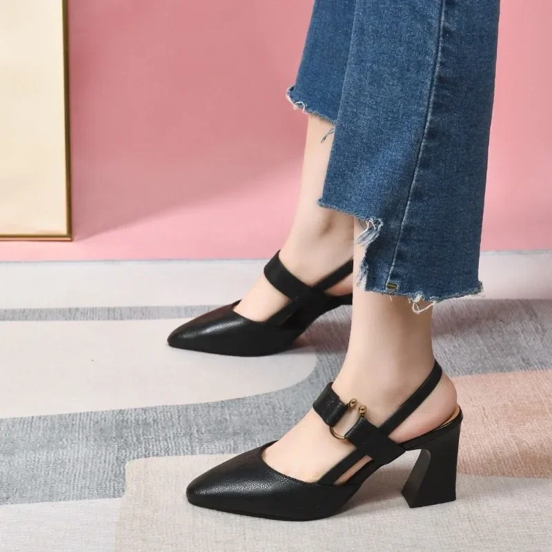 With Medium Heels Woman Shoes Buckles Sandals for Women Leather Comfort Luxury 2025 Daily Casual Vintage Summer Comfortable