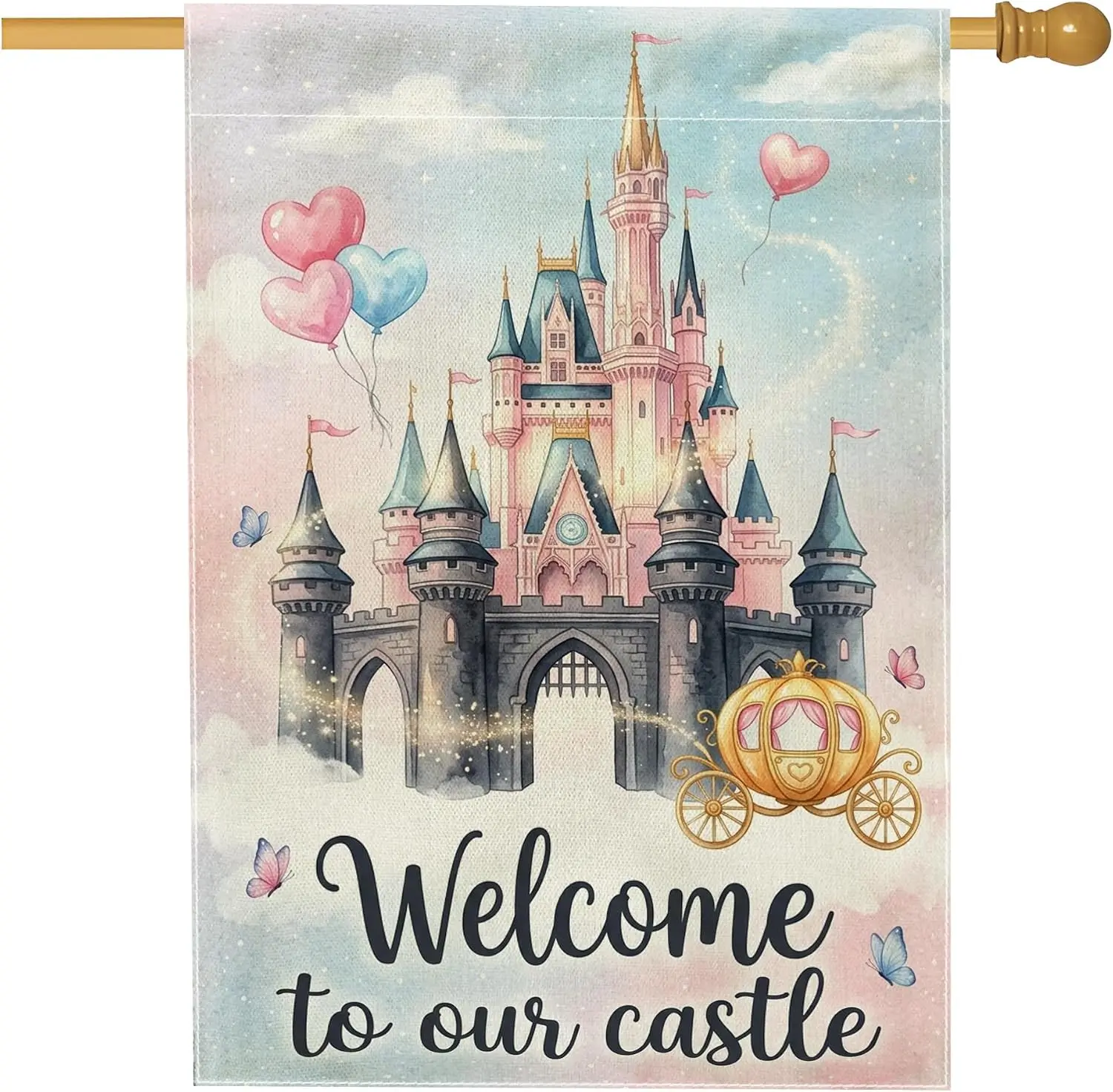 Castle House Flag, Fantasy Fanciful Air-Float Balls Carriage N/a Pastel Peach Burlap Double Sided Outside Large Garden Flag  yyi
