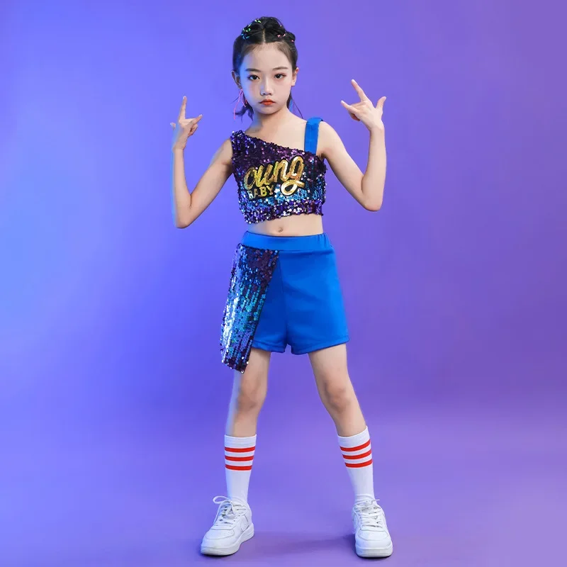 Kid Cool Kpop Hip Hop Clothing Blue Sequined One Shoulder T Shirt Crop Top Summer Shorts for Girl Jazz Dance Costume Clothes Set