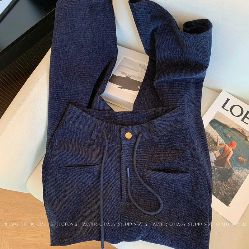 الأزرق الداكن عارضة واسعة الساق السراويل النساء في ربيع الخريف تصميم جديد الرباط عالية الخصر التخسيس مستقيم الطابق السراويل