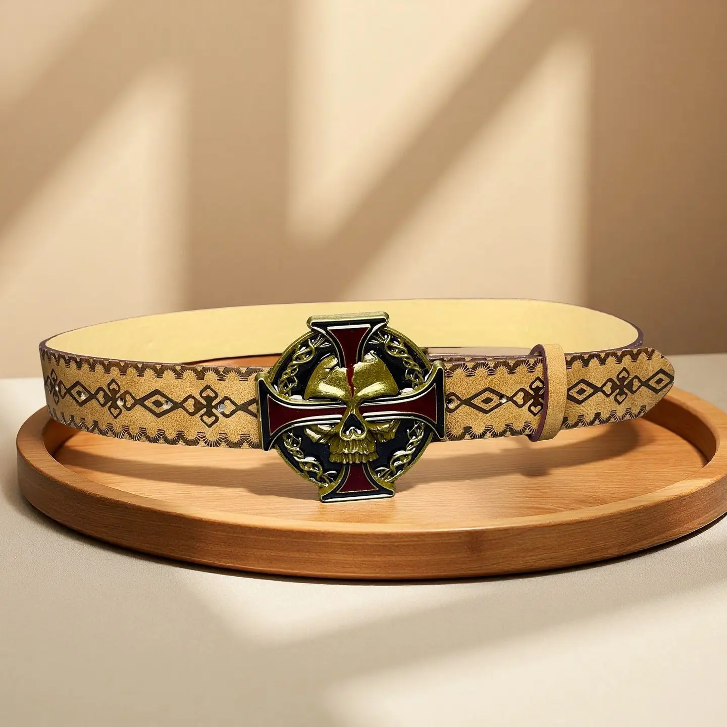 Men's coffee-colored retro dark style Y2K punk cross skull metal buckle spider pattern embossed belt, autumn and winter party ev view 4