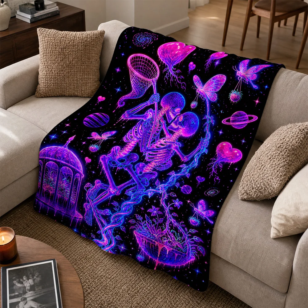 Bohemian Cosmic Galaxy Skeleton Dream Throw Blanket Neon Witchy Gothic Aesthetic Sofa Couch Cover Decoration Art