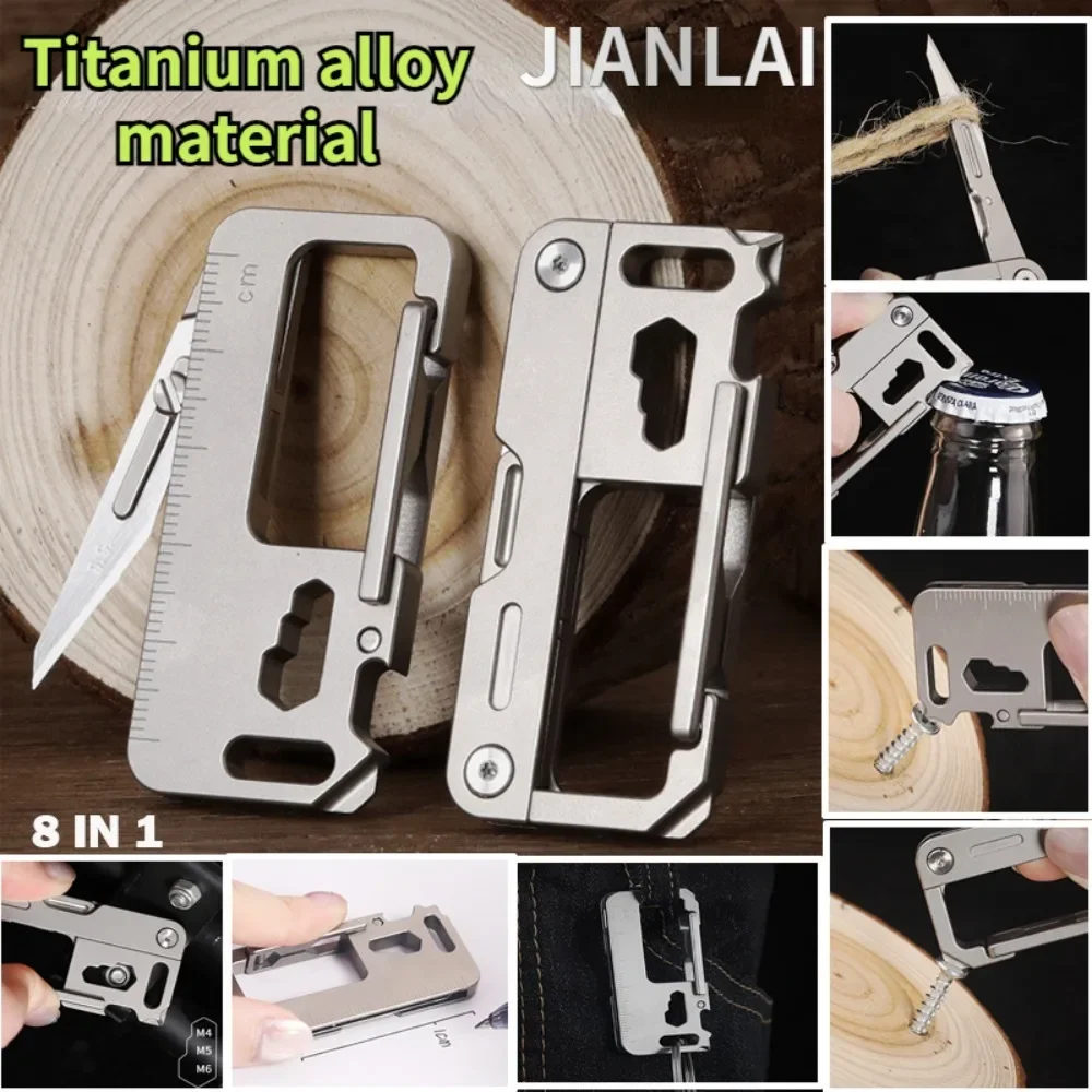 

New Multifunctional 8 in 1Titanium Alloy Keychain Folding Knife Screwdriver Corkscrew Wrench Buckle Scale Replaceable Blade