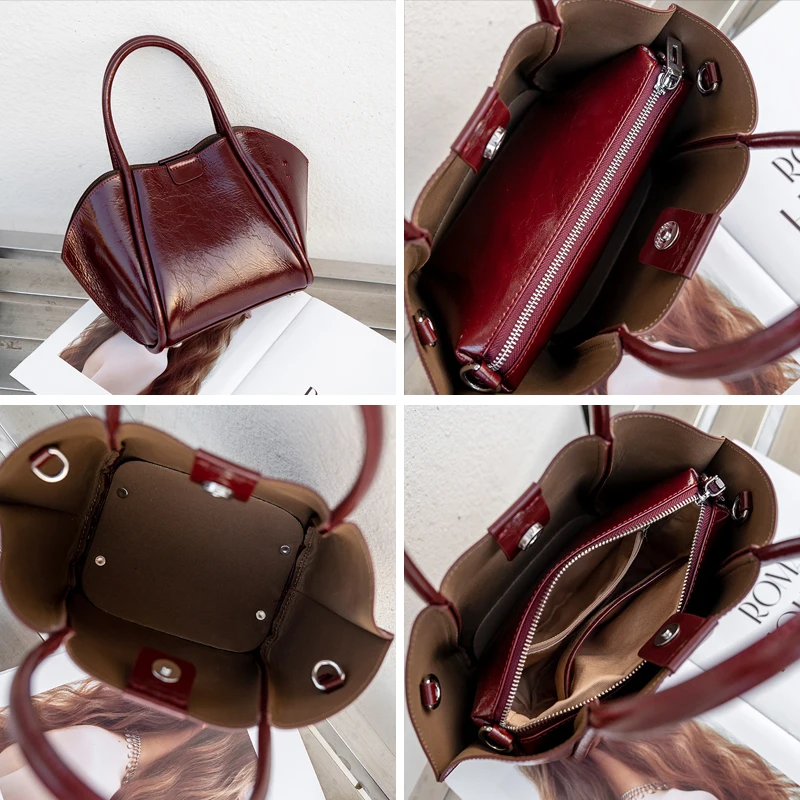

Women's Vintage Oil Wax Genuine Leather Handbag Fashion luxury goods Wine Red Top Handle Tote Bag Office Lady Retro Style