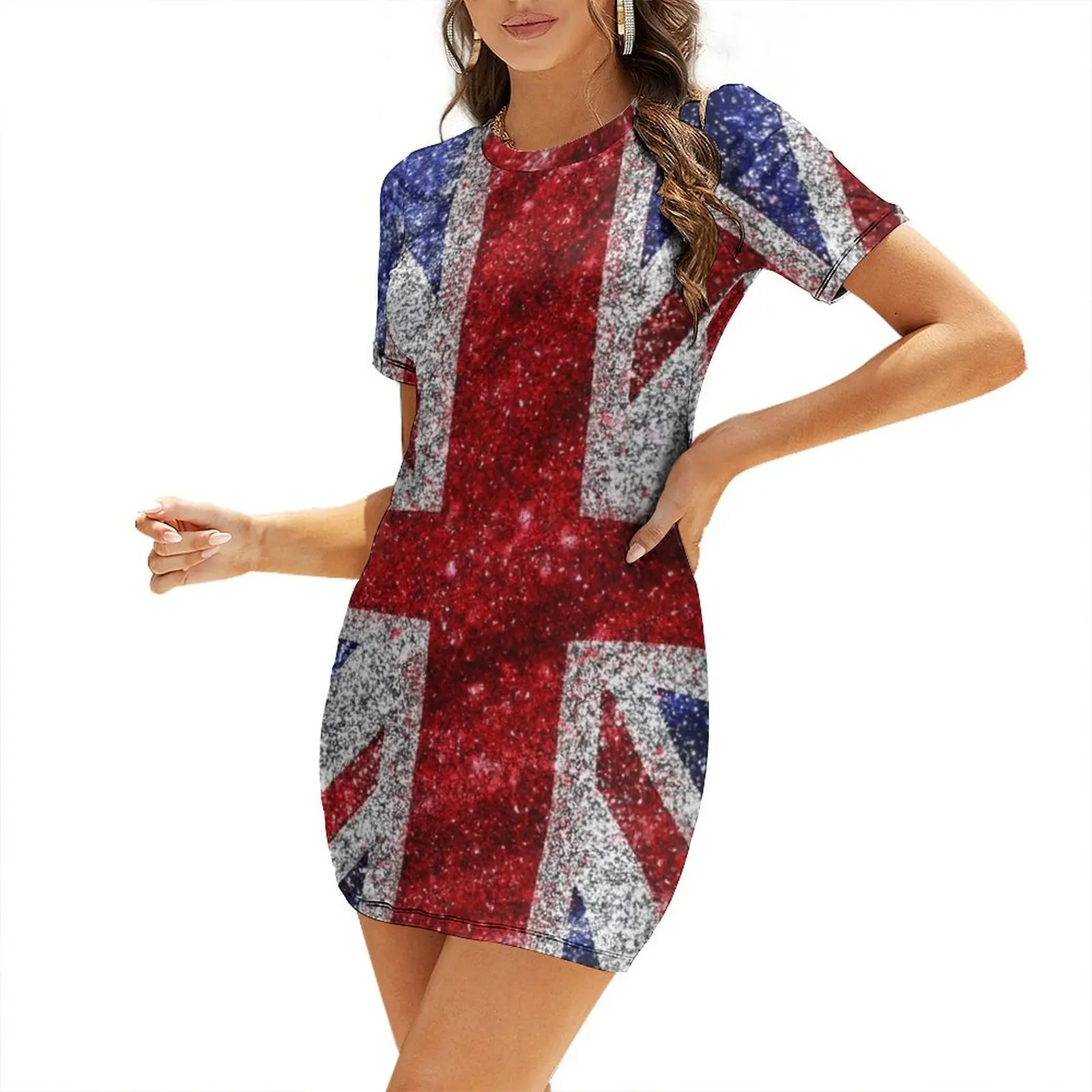 

Faux Glitter Union Jack Flag UK Sequin Short Sleeved Dress prom dress 2025 women's dresses luxury women's elegant loose dresses