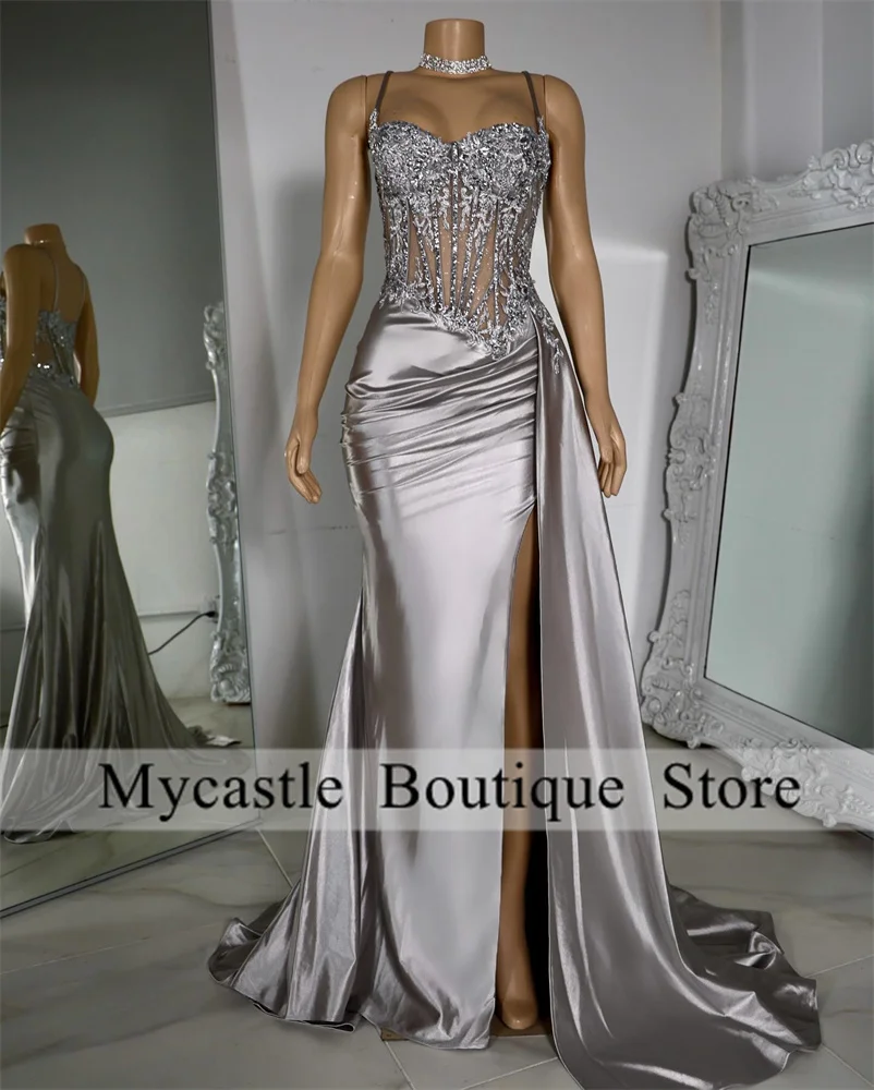 Silver Bbeaded Spaghetti High Split Prom Dresses For Black Girls Mermaid Elegant Evening Dress Wedding Party Formal Gowns