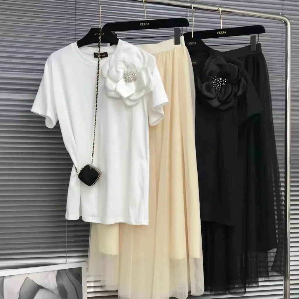 3d frisado flores ponto ort sve camiseta design dimensional senhoras faion ajuste confortável mistura de algodão topo