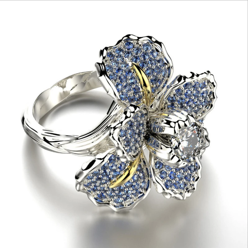 Slightly studded zircon iris two-tone ring blue topaz flower engagement cocktail women's ring jewelry