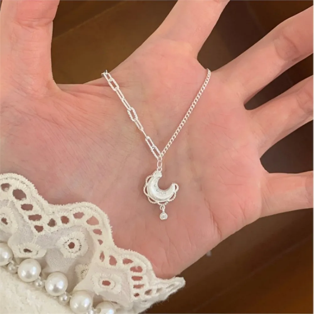 PANJBJ 925 Sterling Silver Moon Necklace for Women Lace Zircon Pendant Asymmetry Frosted Sweet Design Jewelry Gift Dropshipping