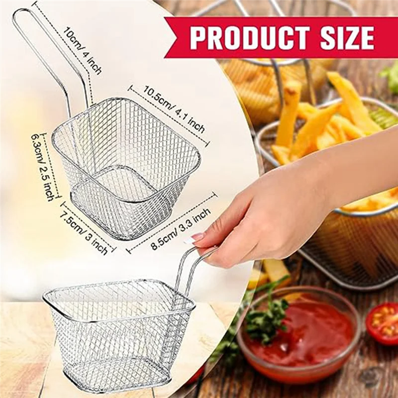 24Pcs Mini Square Fry Basket Stainless Steel French Fry Holder Deep Fry Basket Mesh Food Basket with Handles(Silver)