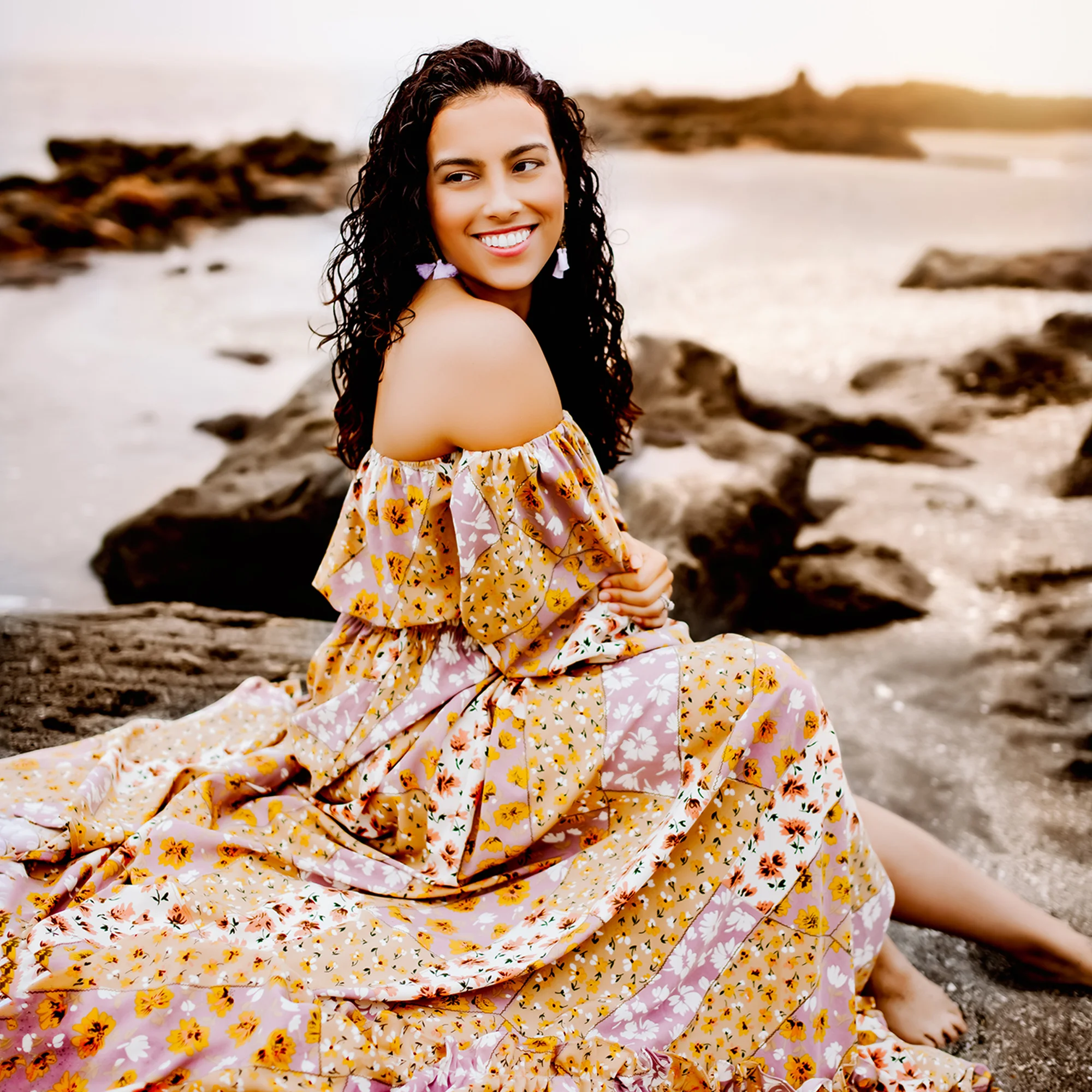 Don&Judy Boho Patchwork Off-Shoulder Maternity Maxi Gown Flowy Floral Print with Empire Waist for Growing Bellies PhotoShoot