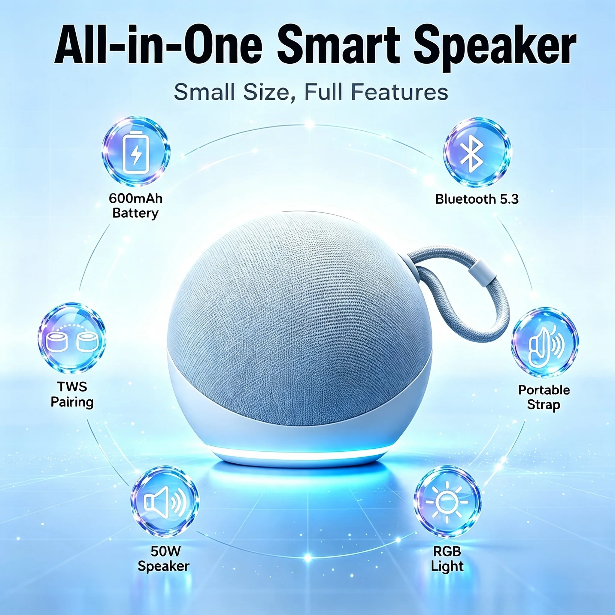 New Generation Alaxe Spherical Speaker(No Voice Assistant) 50W Portable Bluetooth Speaker Party Box RGB LED Lights Wireless TWS Mini Speaker Musical Instrument for Room Decor Home Party Camping