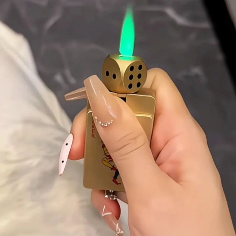 Windproof Green Flame Gas Lighter Trendy Metal Poker Rotating Dice Inflatable Lighter Fun Toy for Men Smoking Accessories
