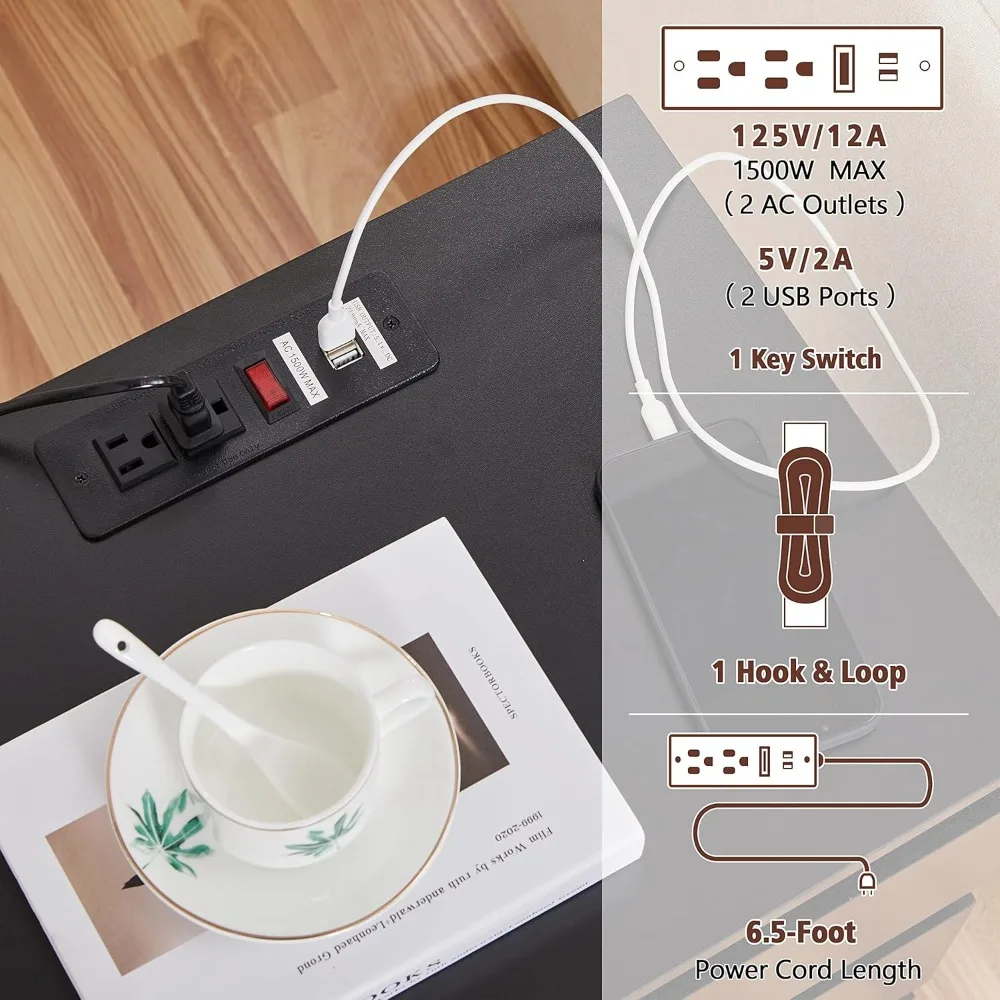 منضدة مع قاعدة شحن، طاولة بجانب السرير خشبية مع 3 أدراج، وحدة خزانة تخزين بجانب السرير مع منفذي USB وP