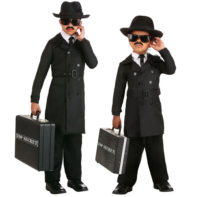 2023 Children Detective Costume Secret Service Black Jacket Cosplay Halloween Carnival Party Uniform For Adult Kid