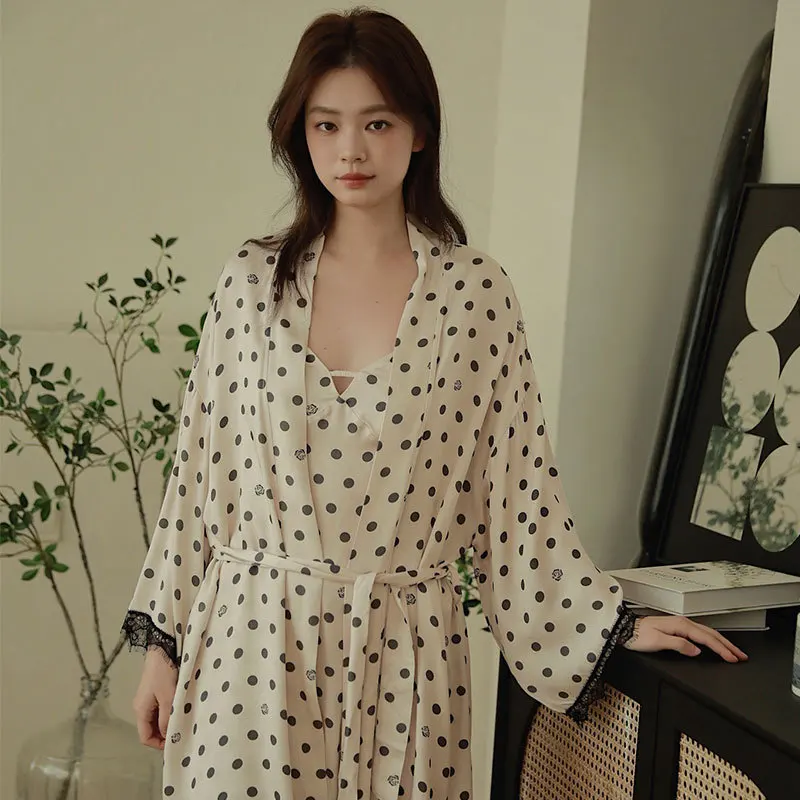 

100% Viscose Satin Pajamas Women Polka Dot Classic Kimono Robe & Spaghetti Strap Slip Dress Lace Trim Elegant Home Sleepwear