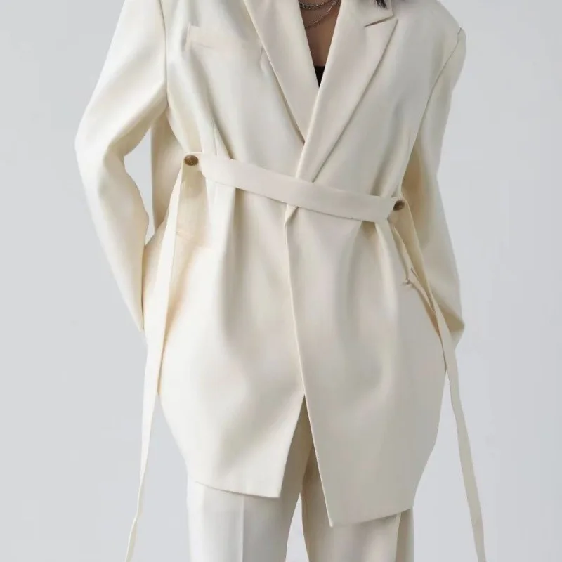 High Quality Two Piece Suit Pant Set White Long Sleeve Loose and Casual Blazer Jacket Medium Length With Wide Leg Pants