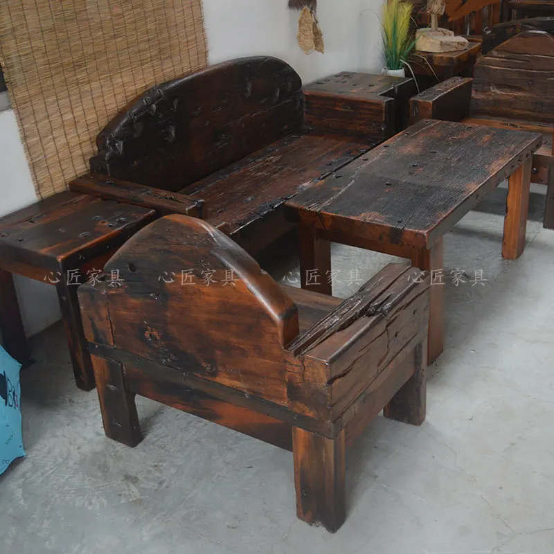 

Custom Old Ship Wood Sofa Chair Set New Style Solid Wood Living Room Three-Person Outdoor Anti-Corrosion Small Apartment