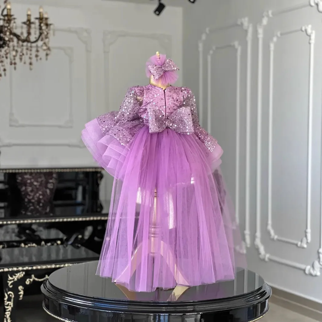 Flower Girls Dress Kids' Purple Sequin Sparkly Organza Bow Tutu Dress - Formal Princess Birthday Party Prom Ball Gown view 3